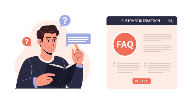 Man with Book and FAQ Section - Customer Support Concept
