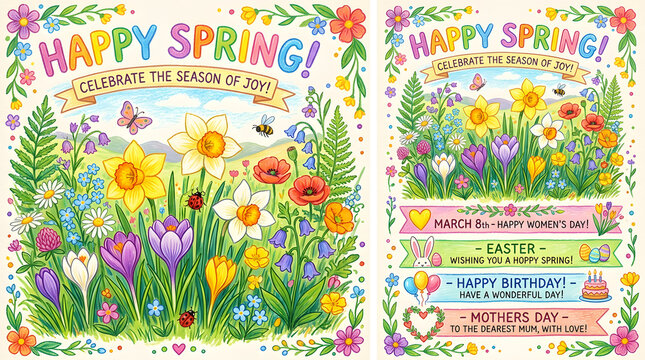Happy Spring Floral Illustration: A vibrant illustration celebrates the joy of spring with blooming flowers, butterflies, and a sense of renewal and happiness.