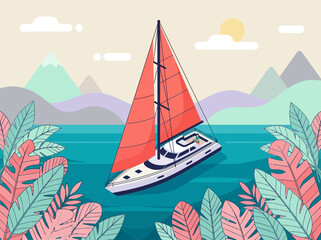 Naklejka premium Tropical Sailing Adventure: Modern Flat Vector Illustration of a Sailboat with Red Sails in a Scenic Bay with Exotic Foliage and Mountain Landscape