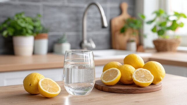 Fresh lemons and a glass of water on a wooden kitchen countertop with potted plants and a modern faucet in the background