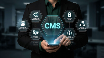 Naklejka premium Businessman Using CMS Content Management System Mobile Digital Interface
