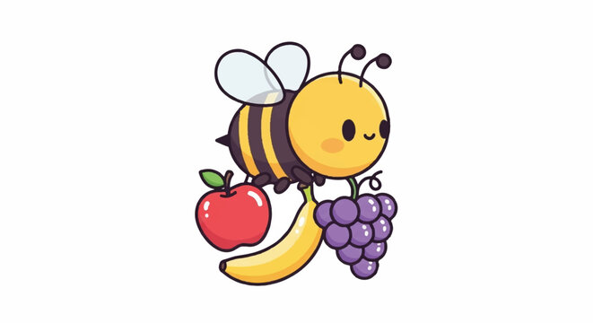 Cute cartoon bee holding an apple banana and grapes.
