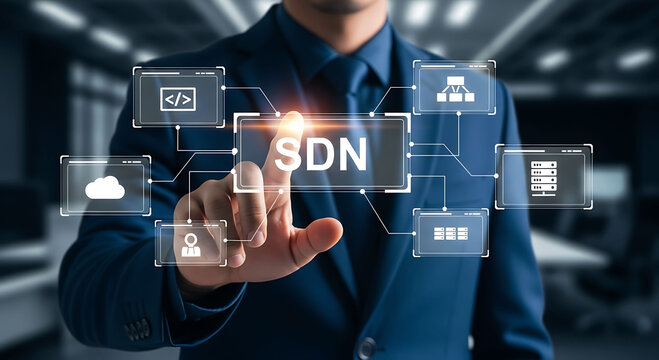 Businessman Touching SDN Interface With Cloud Server Network Technology System