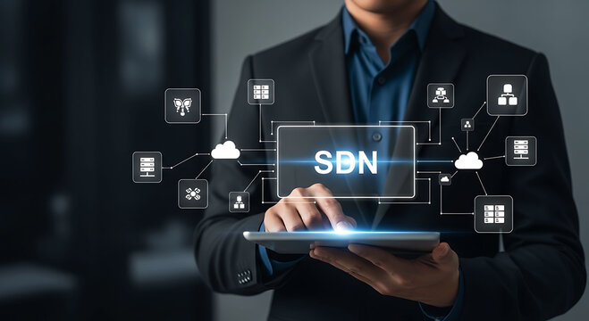 Businessman Using SDN Cloud Computing And Network Management Technology