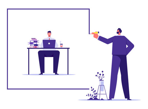 Mentorship in workplace concept, scope of work, guidance for employee to work within framework, manager drawing boundary line around businessman on office desk