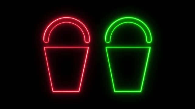 Neon Bucket Icons in Red and Green on Black Background.