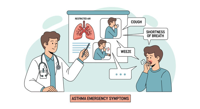 Doctor explaining asthma emergency symptoms to patient with lungs illustration