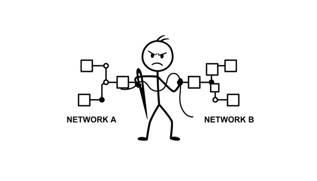 Stickman engineer connects two separate digital networks using a needle and thread to bridge the gap between systems.