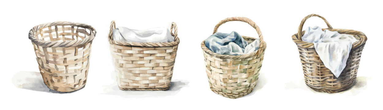 A Collection of laundry basket painting designs, Hand-painted style, vectorized, vector set available in EPS, Simple Hand-painted watercolor style, vector set available in EPS