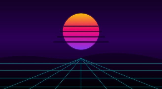 Colorful Gradient Sunset Over Geometric Wireframe Horizon Landscape Design