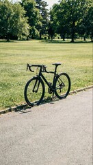 Fototapeta premium Professional black road bike standing on asphalt path in sunny green park for triathlon training and athletic performance marketing