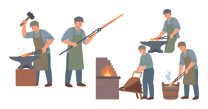 Blacksmith performs traditional metalworking tasks in his workshop, shaping hot metal with a hammer, tongs, and anvil, and quenching it in water.