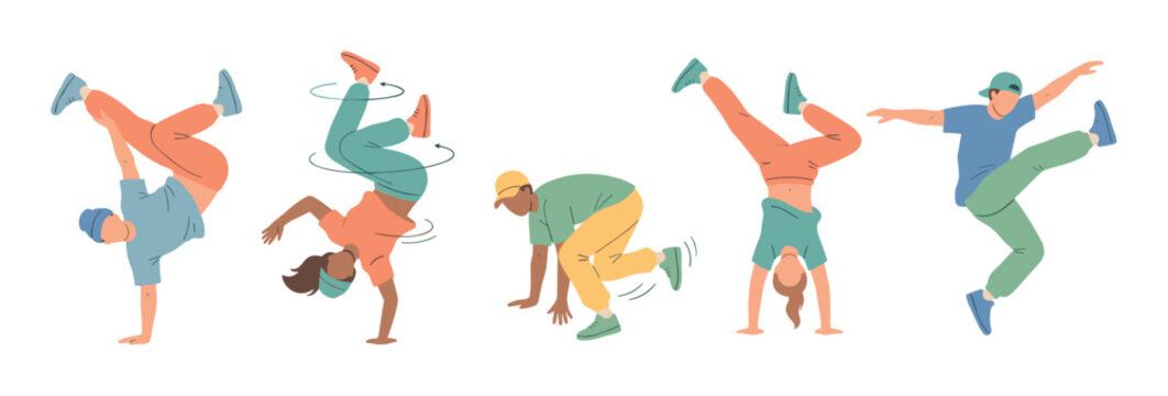 Diverse people breakdancing with energetic moves, showcasing various dynamic poses and urban street dance styles in a vibrant and expressive performance.