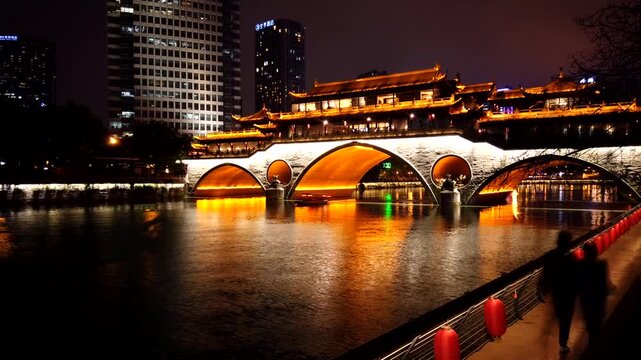 Night timelapse of illuminated Anshun Nine Eye Bridge in Chengdu China