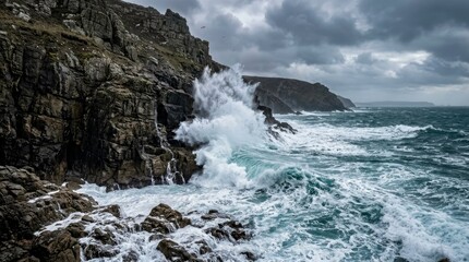 Fototapeta premium Rough Sea Waves Crashing Against Rocky Coastal Cliffs Under Dark Clouds