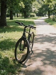 Fototapeta premium Black hybrid bicycle parked on green grass in sunny summer park for healthy lifestyle transport and outdoor leisure activity concept