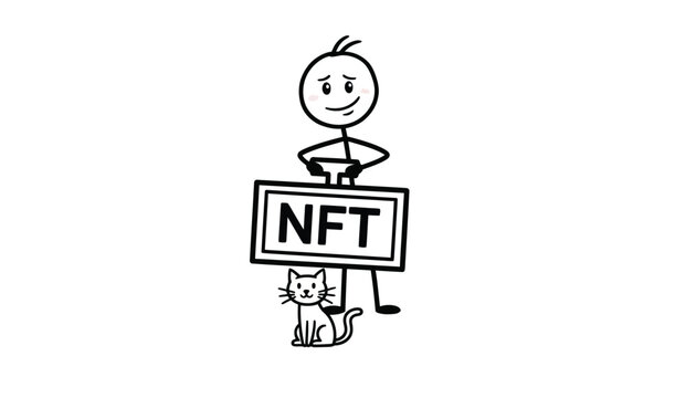 Stick figure stands beside a cat while holding a sign that clearly identifies the concept of an NFT.