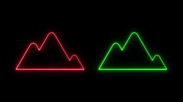 Neon Mountain Icons in Red and Green on Black Background.