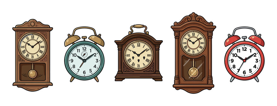 Various clocks and timepieces representing different styles and eras are displayed together, showcasing the concept of time management and punctuality in a charming cartoon illustration.