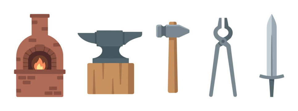 Blacksmith tools and equipment set in a flat design style, including a forge, anvil, hammer, tongs, and a newly forged sword, representing traditional metalworking.