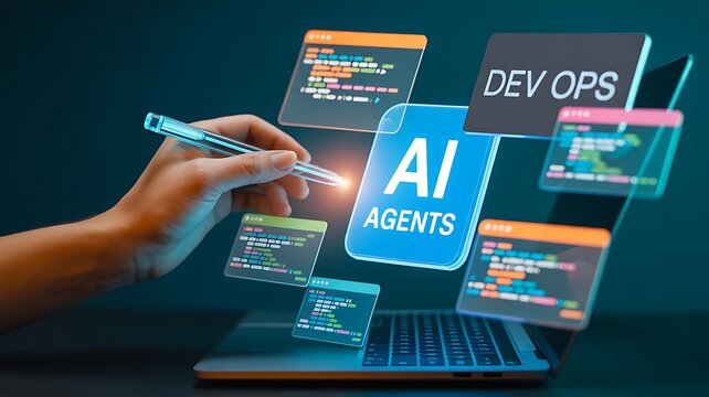 A hand interacts with AI agents on a laptop screen displaying various DEV OPS interfaces.