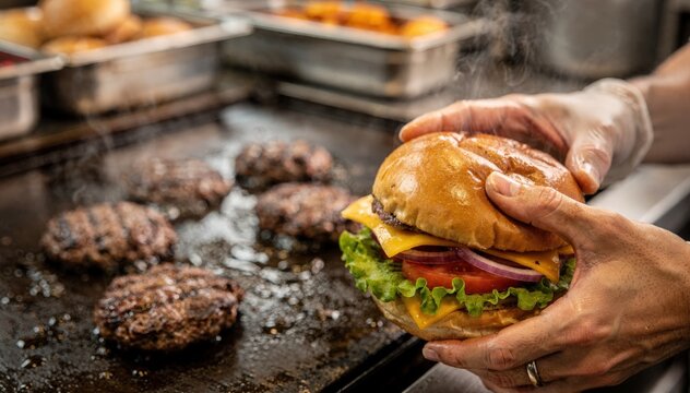 Closeup on a handsfocused burger bar station where a cook grills patties adding fresh toppings with a crispy bun held in clear view and the rest blurred.