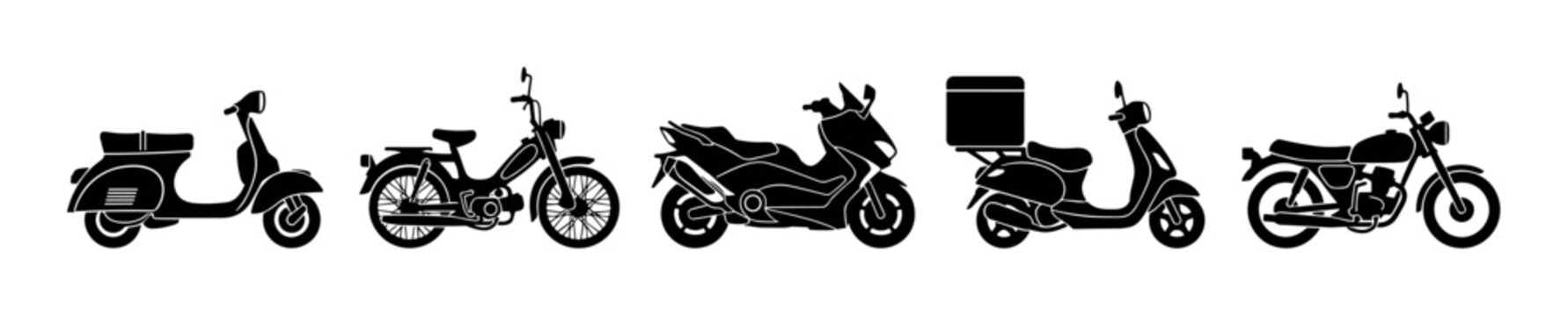 Various motorcycles and scooters silhouette collection representing different styles and eras of two-wheeled transportation for urban and delivery purposes.