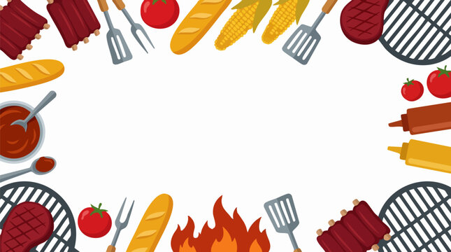 Barbecue and Grilling Food and Tools Border on White Background
