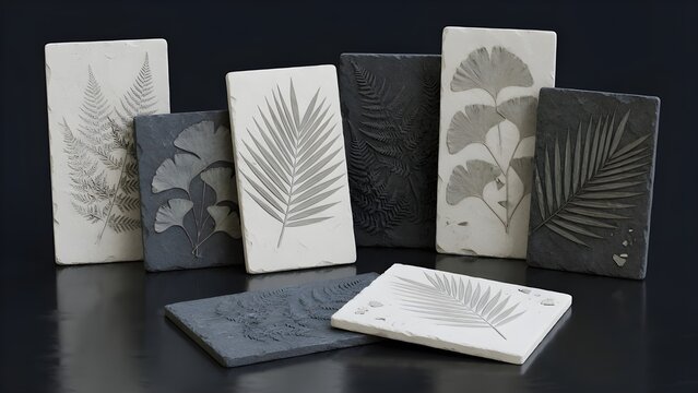 Minimalist botanical plaster tiles, decorative stone slabs with embossed leaf imprints, elegant ginkgo and fern fossil art for interior design