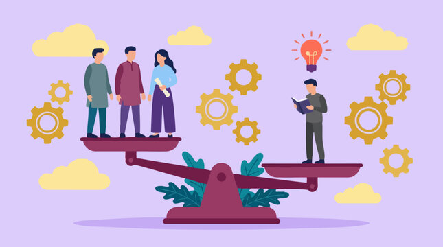 Teamwork, individual knowledge, and ideas balanced on a scale concept