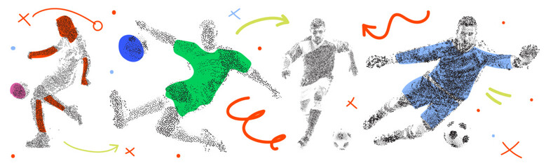Fototapeta premium Abstract soccer player silhouette with halftone grunge effect texture for competition and sports marketing visuals