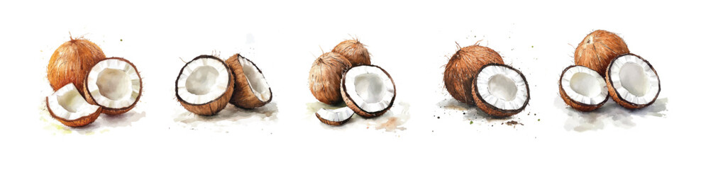 Adobe Illustrator Artwork, A Collection of fresh coconut painting designs, vectorized, vector set available in EPS, Simple Hand-painted watercolor style, vector set available in EPS © Zizak