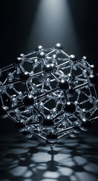 Metallic molecular structure, 3D crystal lattice model, silver science illustration, futuristic chemistry design