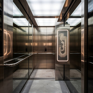 Elevator interior with metallic surfaces and a glowing electronic control panel provides a sleek and modern experience for building occupants.