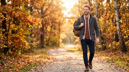 Obraz premium Man Walking on Autumn Path Surrounded by Golden Trees.