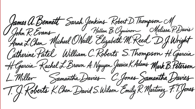 Collection of realistic handwritten signatures and fictitious names in various cursive calligraphy styles for legal, business, and document identification design concepts in black vector.