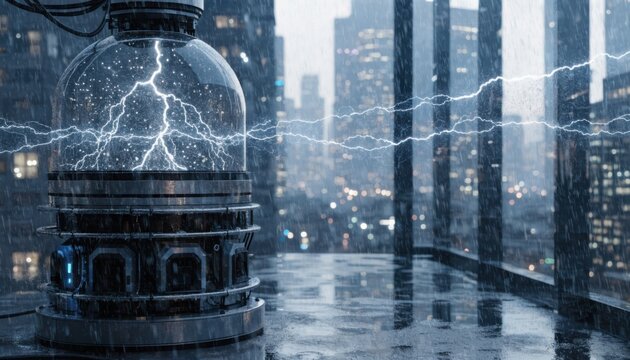 Medium shot of an energyefficient regenerative drive unit in a highrise building showcasing power flowing back into the city grid during peak energy demand.