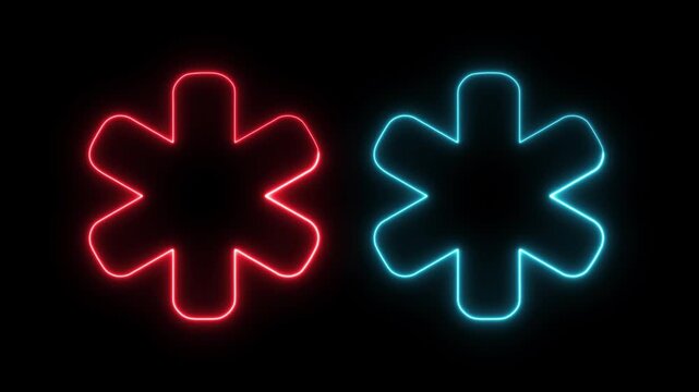 Colorful Neon Star Shapes. Neon Asterisk Symbols in Red and Blue Glow on Black Background