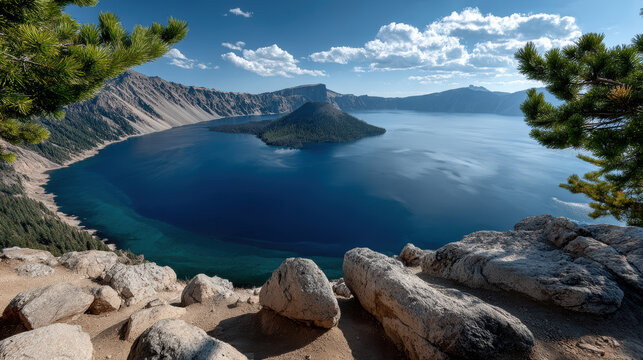 Crater lake volcanic caldera deep blue water rocky shore pine tree mountain island clear sky scenic tranquil