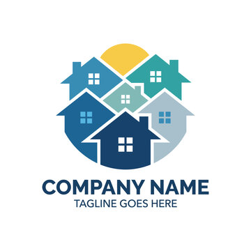 This charming logo features a cluster of colorful houses with windows, symbolizing community, stability, and home in a welcoming and engaging visual style.