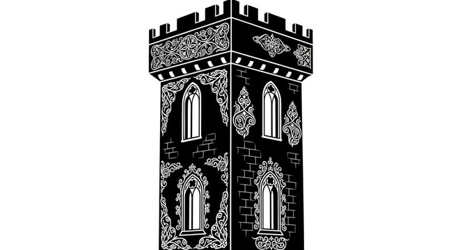 Black and white illustration of a medieval stone castle tower.