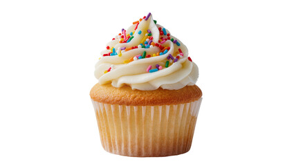 Vanilla cupcake with white frosting and colorful sprinkles, isolated on transparent background