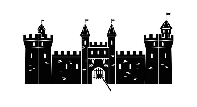 Black silhouette of a medieval fortress castle with towers and portcullis gate.