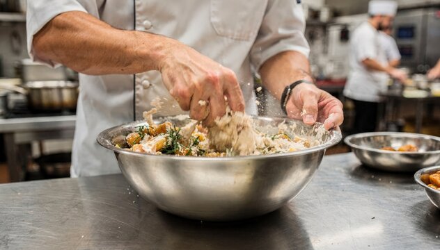 Close shot of culinary worker mixing large bowl of ingredients on steel prep table foreground in focus and kitchen activity blurred capturing dynamic batch cooking environment.