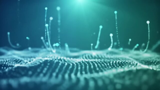 A wide video of a serene, futuristic abstract digital landscape with soft, glowing, translucent data particles spiraling upwards from an off-center core, set against a vibrant gradient background