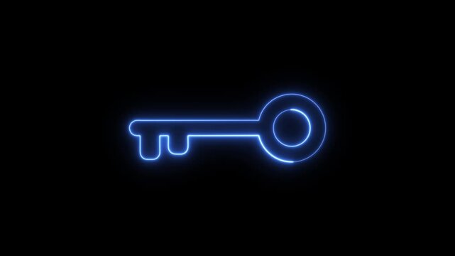 Neon Blue Key Animation. Glowing Neon Key Icon Animation on Black Background &ndash; Security and Password Protection Concept.