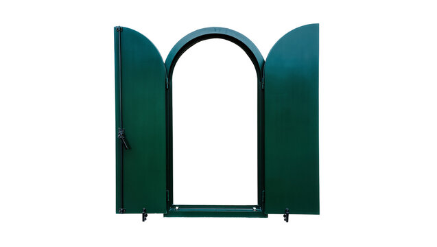 Dark green arched window shutters open and closed, isolated on transparent background