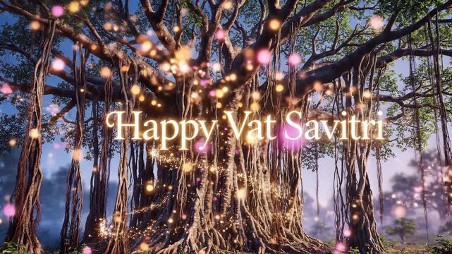 Happy Vat Savitri Festival Greeting with Glowing Banyan Tree