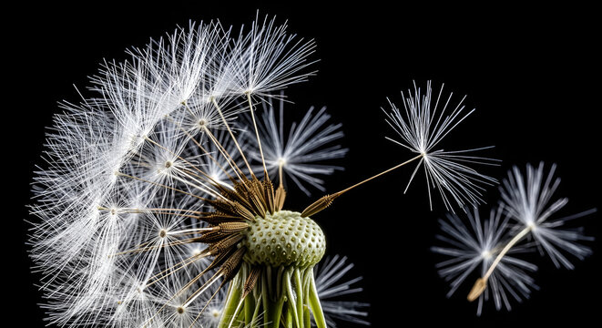 Dandelion seeds dispersing in dark background with soft lighting