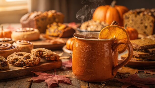 Cozy autumnthemed buffet with a focus on hot cider and spiced baked goods the steaming cup sharply in frame and the rustic table softly blurred.